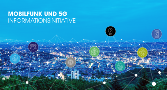 Skyline von Stuttgart mit Symbolen, die auf 5G und Mobilfunk hinweisen.