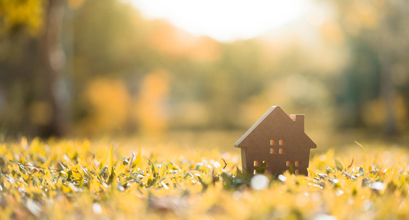 Ein Miniatur-Holzhaus auf einer grünen Wiese