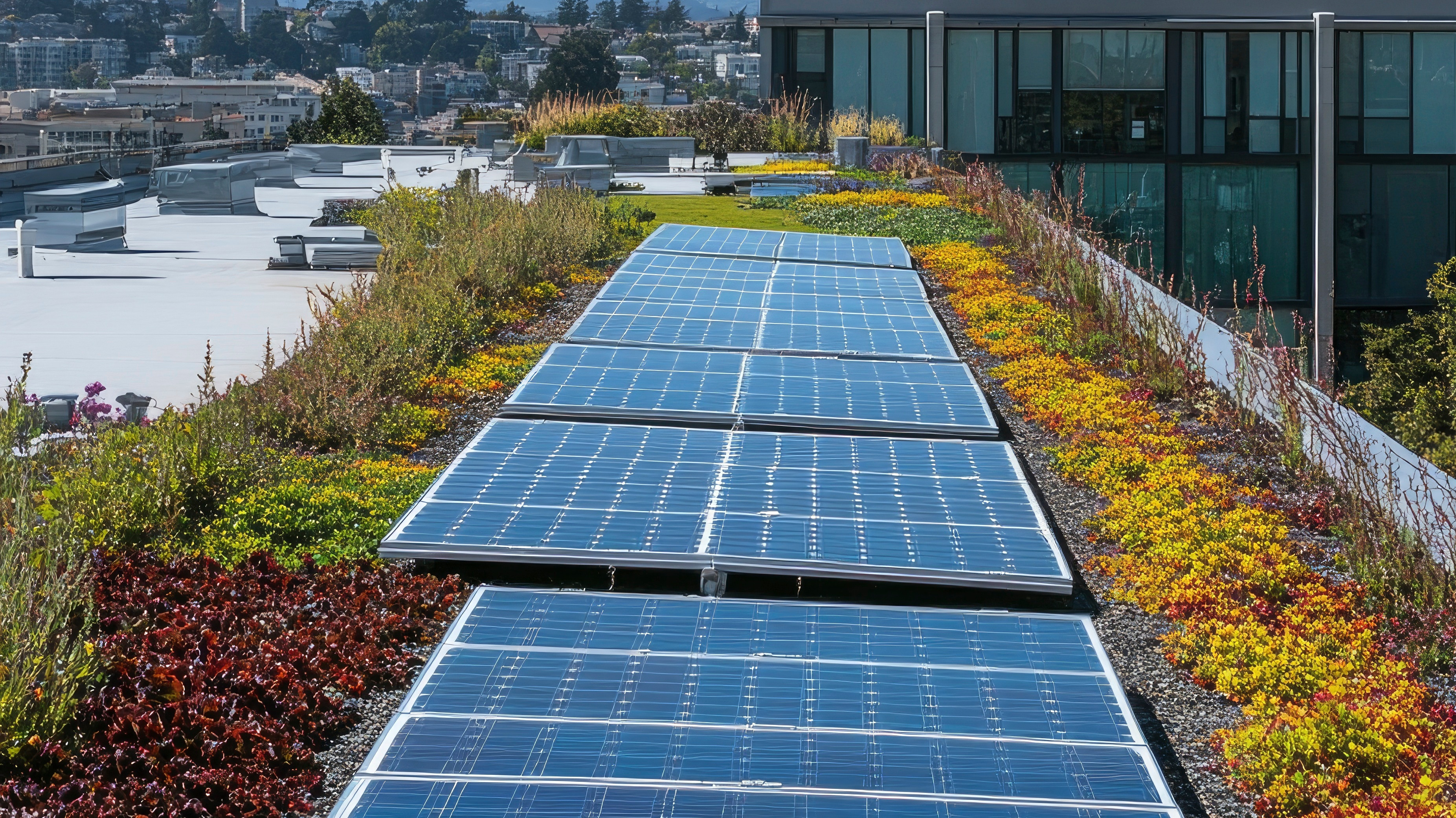Solar panels on a green roof with a cityscape in the background, sunny day