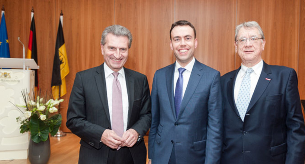 Finanz- und Wirtschaftsminister Nils Schmid mit EU-Kommissar Günther Oettinger und Landeshandwerkspräsident Joachim Möhrle