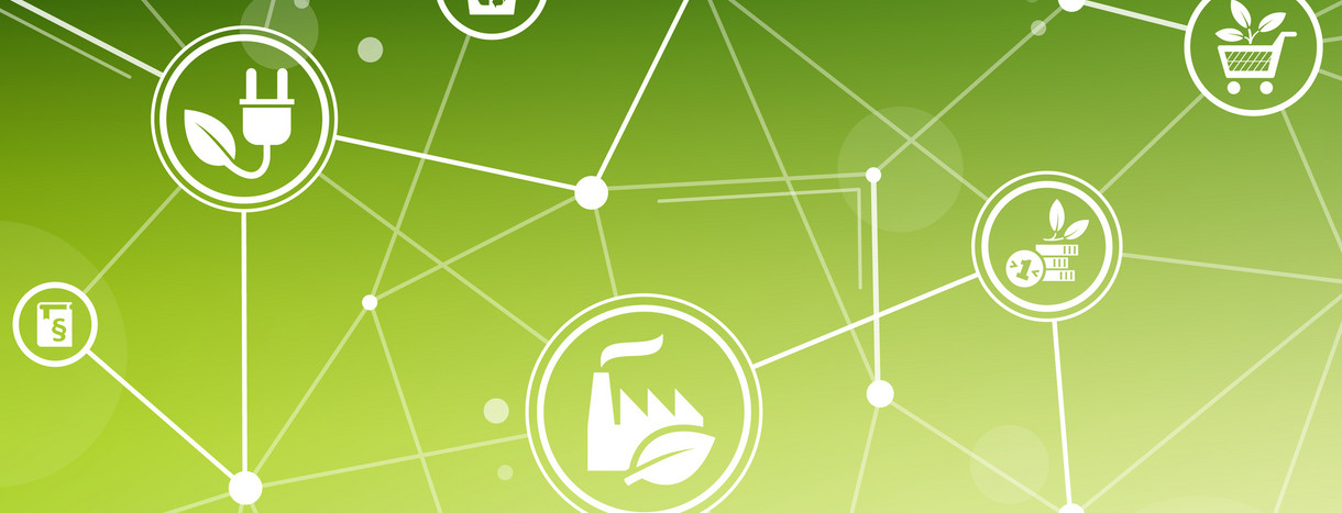 Symbole für nachhaltige Wirtschaft auf grünem Hintergrund