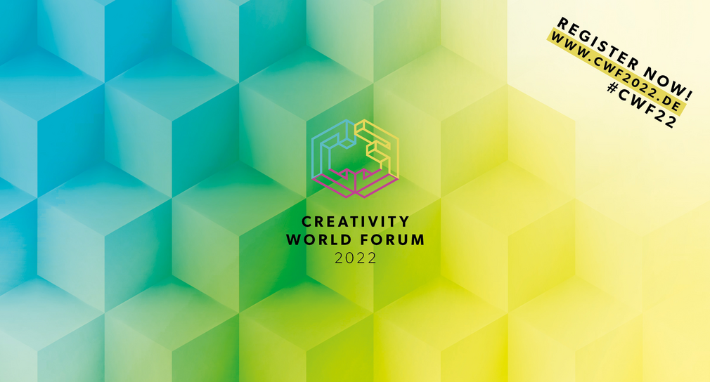 Blau-gelber Hintergrund und der Registrierungslink zum World CVreativity Forum 2022: www.cwf2022.de