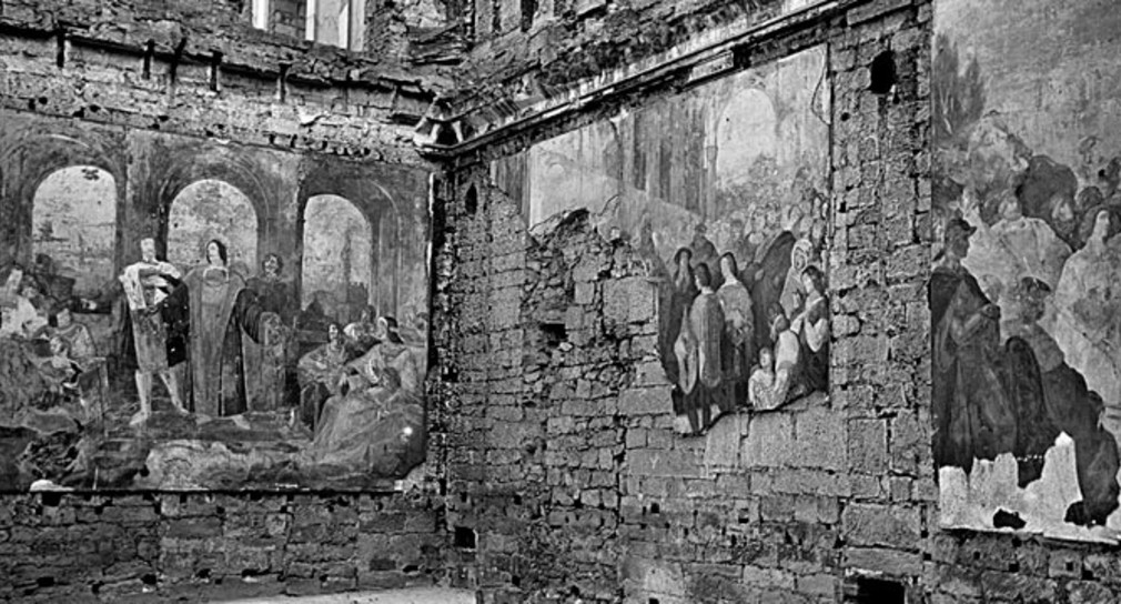 Die zerstörten Wandfresken von Gegenbaur, 1955 - Graf Eberhard im Barte bei Lorenzo die Medici (links), Die Verleihung der Goldenen Rose (rechts)