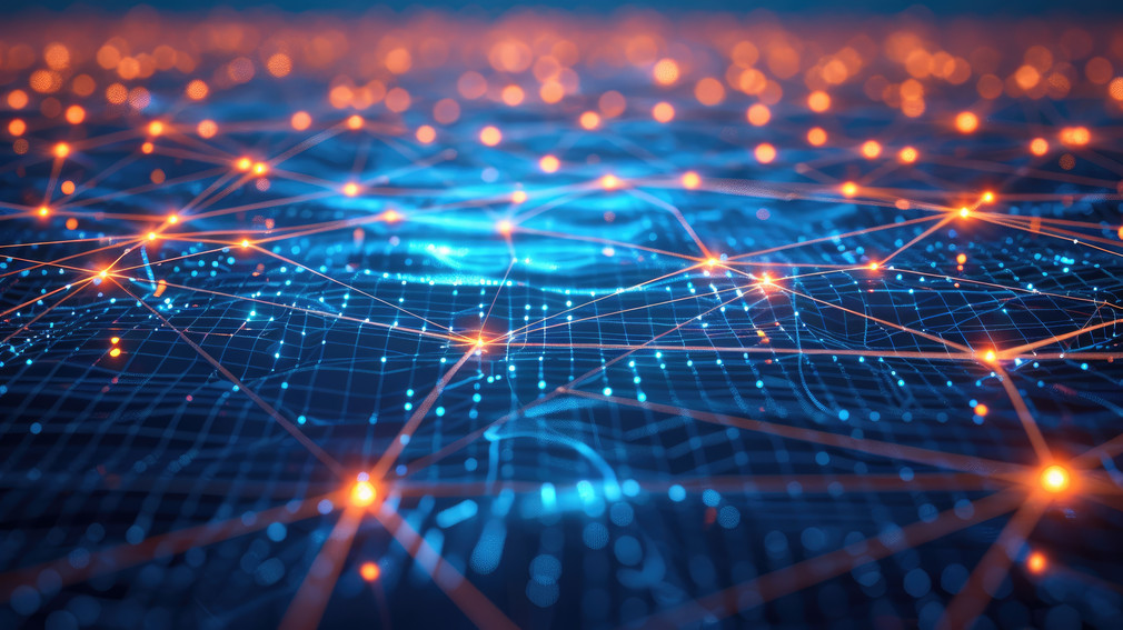 Abstract digital network with glowing nodes and lines, representing connectivity and data flow.