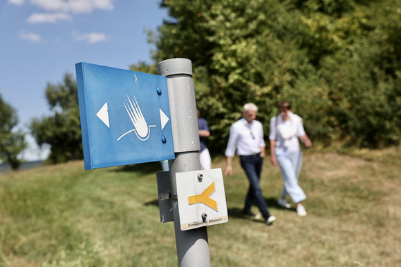 Staatssekretär Rapp wandert mit dem zertifizierten Alb-Guide Walter Kraft auf dem Meteorkrater-Rundweg.