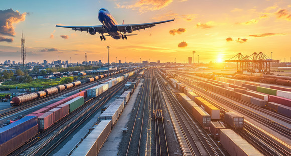Airplane lands over cargo train tracks at sunset