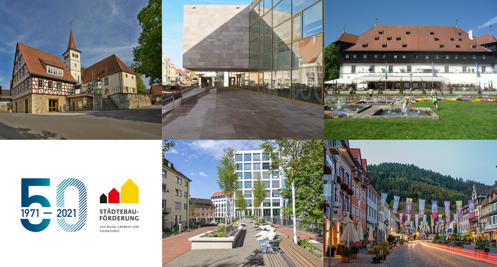 Collage zum 50-jährigen Jubiläum der Städtebauförderung in Baden-Württemberg