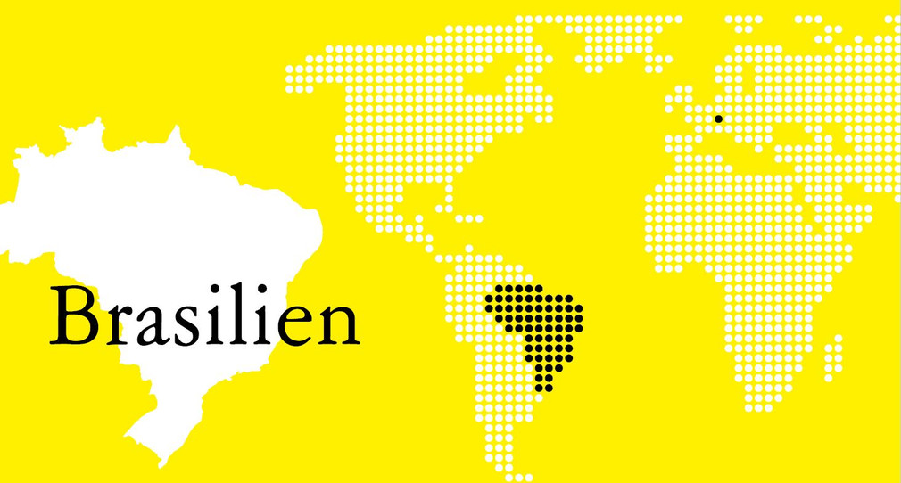 Weltkarte auf gelbem Hintergrund - Brasilien ist hervorgehoben