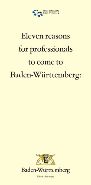 Titel des Faltblatts: 11 reasons for professionals to come to Baden-Württemberg