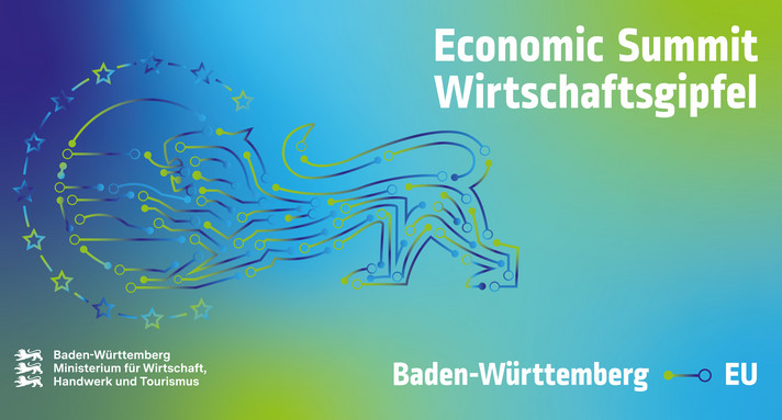 ein Löwe mit blau grünem Hintergrund und dem Text "Wirtschaftsgipfel Baden-Württemberg-EU"
