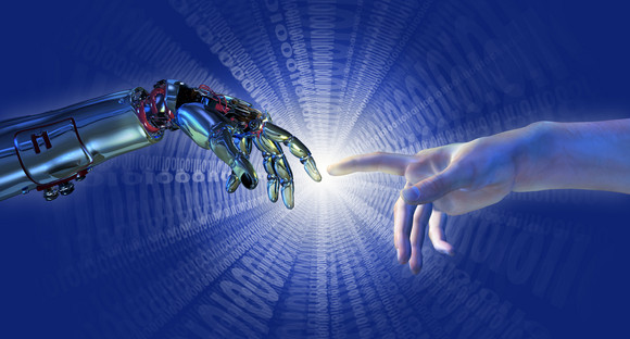hand, hands, robot, human, Michelangelo, sistine, technology, chapel, creation, cyborg, android, robotics, science, fiction, future, futuristic, robots, humanity, prosthetic, prosthesis, artificial, scifi, binary, code, blue, information, internet, intelligence, technology