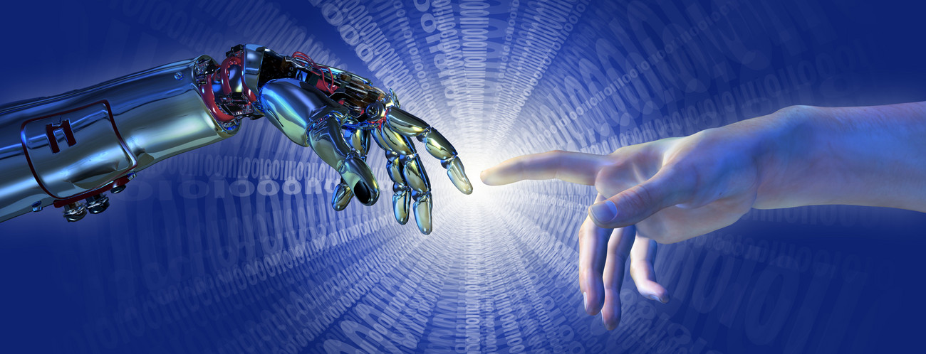 hand, hands, robot, human, Michelangelo, sistine, technology, chapel, creation, cyborg, android, robotics, science, fiction, future, futuristic, robots, humanity, prosthetic, prosthesis, artificial, scifi, binary, code, blue, information, internet, intelligence, technology