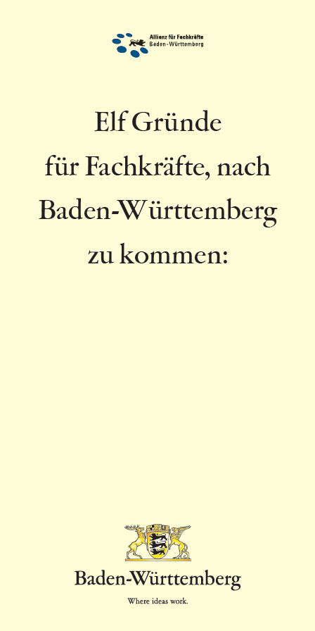 Titel des Faltblatts: 11 Gr&uuml;nde f&uuml;r Fachkr&auml;fte, nach Baden-W&uuml;rttemberg zu kommen