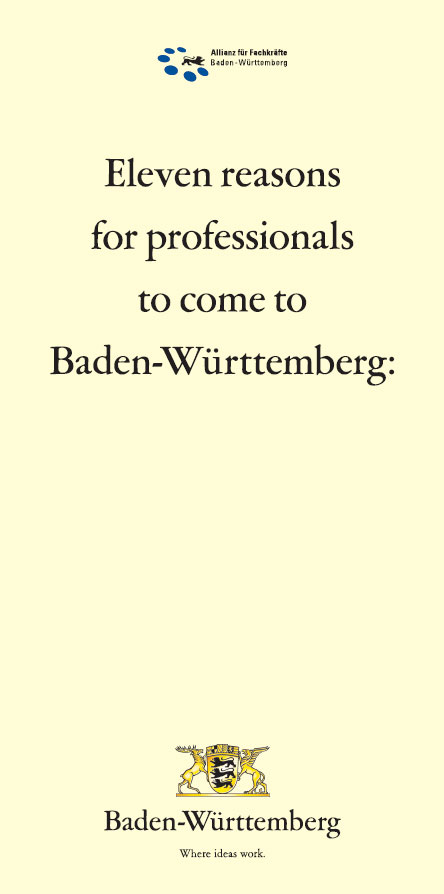 Titel des Faltblatts: 11 reasons for professionals to come to Baden-W&uuml;rttemberg