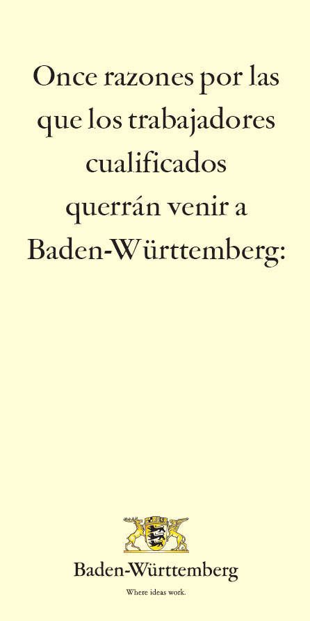 Titel des Faltblatts: 11 razones por las que los trabajadores cualificados querr&aacute;n venir a Baden-W&uuml;rttemberg