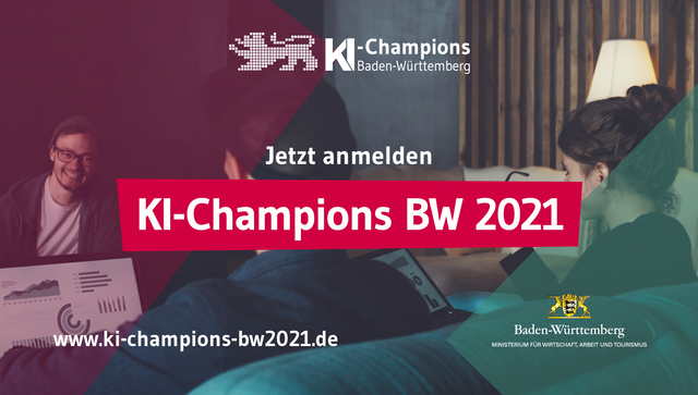 Einladung zur Online-Preisverleihung an KI-Champions Baden-W&uuml;rttemberg - das Foto zeigt junge Menschen in einer Diskussion