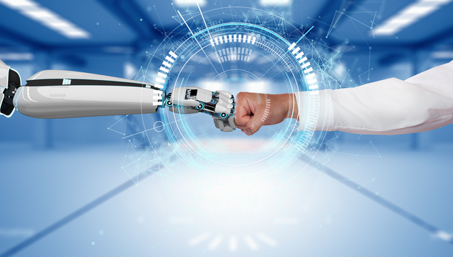 Mensch und Roboter begrüßen sich, indem Sie die Knöchel aneinanderdrücken.