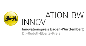 Logo des Dr.-Rudolf-Eberle-Preises: Der Stauferl&ouml;we in einem gelben Kreis steht vor dem Schriftzug &bdquo;INNOVATION BW &ndash; Innovationspreis Baden-W&uuml;rttemberg &ndash; Dr.-Rudolf-Eberle-Preis&ldquo; auf wei&szlig;em Hintergrund