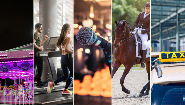 Collage aus verschiedenen Fotos: Karussell, Fitnessstudio, Mikrofon, Reiterin und Taxi