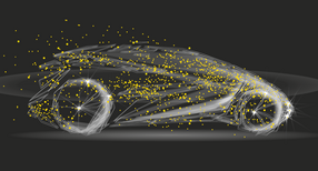 Illustration eines futuristischen Autos auf schwarzem Hintergrund - Key Visual zum Ziulieferertag Automobilwirtschaft BW 2023